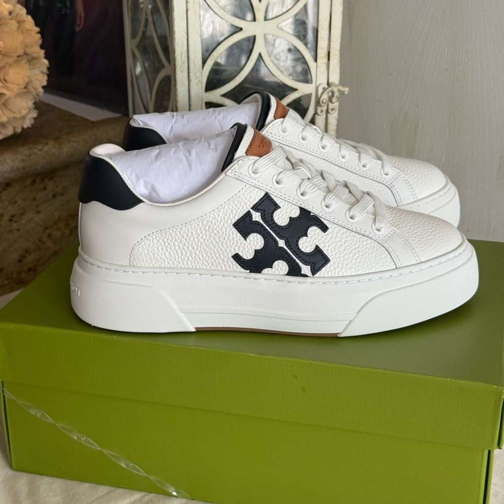 Tory Burch White and Navy Platform Sneakers - Picture 7 of 9